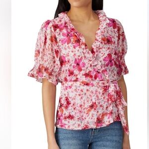 Misa Los Angeles Sybil Gardenia Pink Floral Chiffon Wrap Tie Top Blouse size M